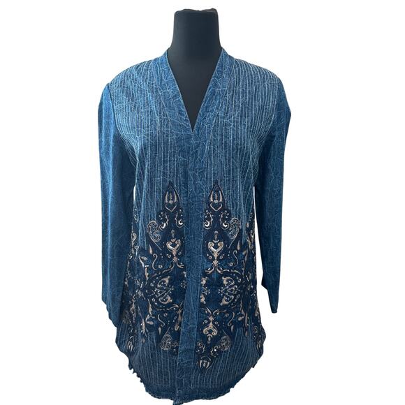 CHICO’S | Blue Boho Embroidered Open Front Jacket | Size 1 Medium - Picture 2 of 8